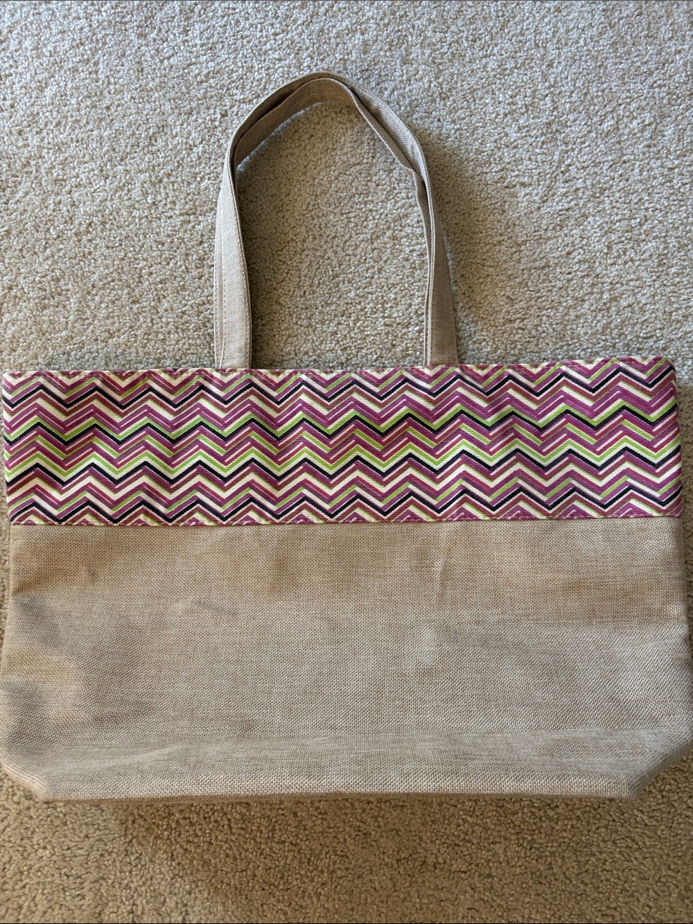 Unbranded Large Neutral Burlap Canvas Tote Bag with a Chevron Pattern Trim NWOT